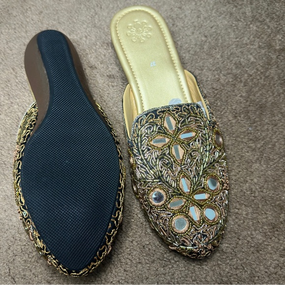 Low heel mules with embroidered mirror design and intricate shimmer detailing - Picture 6 of 6